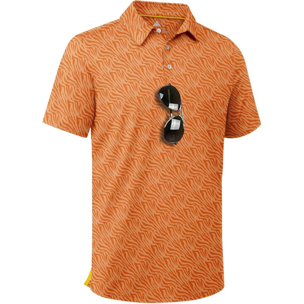 imageZITY Mens Golf Shirt Short Sleeve Moisture Wicking Performance Daily Casual Print Patterns Collared Golf Polo Shirts for MenOrange Yellow