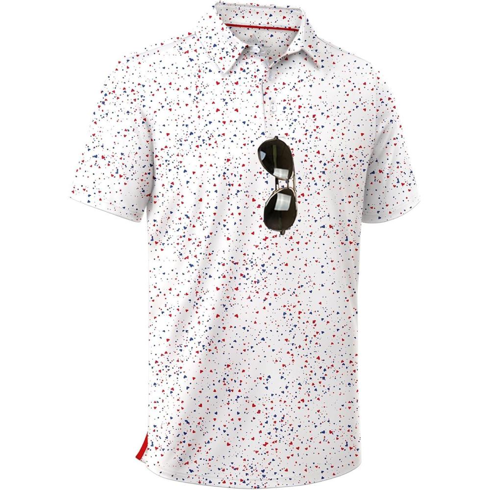 imageZITY Mens Golf Shirt Short Sleeve Moisture Wicking Performance Daily Casual Print Patterns Collared Golf Polo Shirts for MenWhite Red Dots