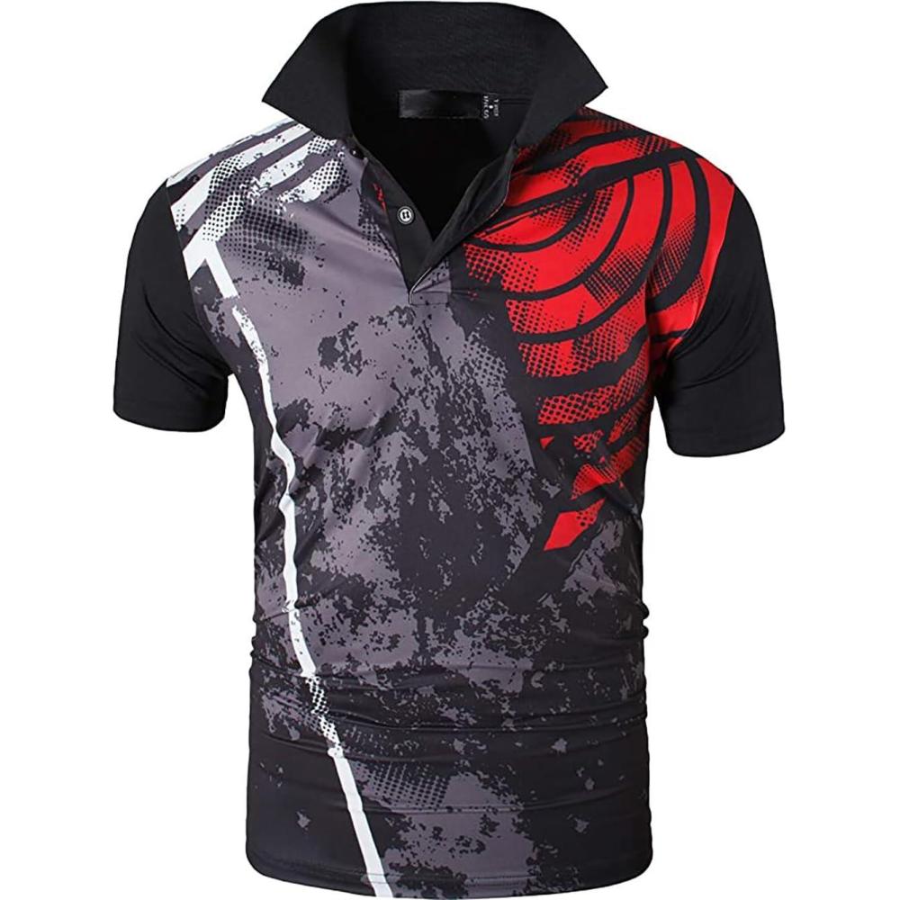 imageZITY Mens Golf Shirt Short Sleeve Performance Athletic Sport Moisture Wicking Tennis Print Tee Collared Polo Shirts for MenBlack Red