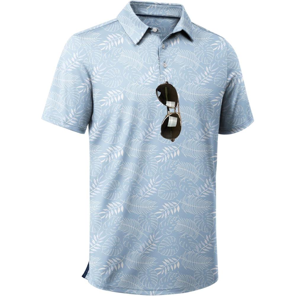 imageZITY Mens Golf Shirts Short Sleeve Moisture Wicking Performance Print Patterns Casual Collared Golf Polo Shirt for MenLight Blue Leaf