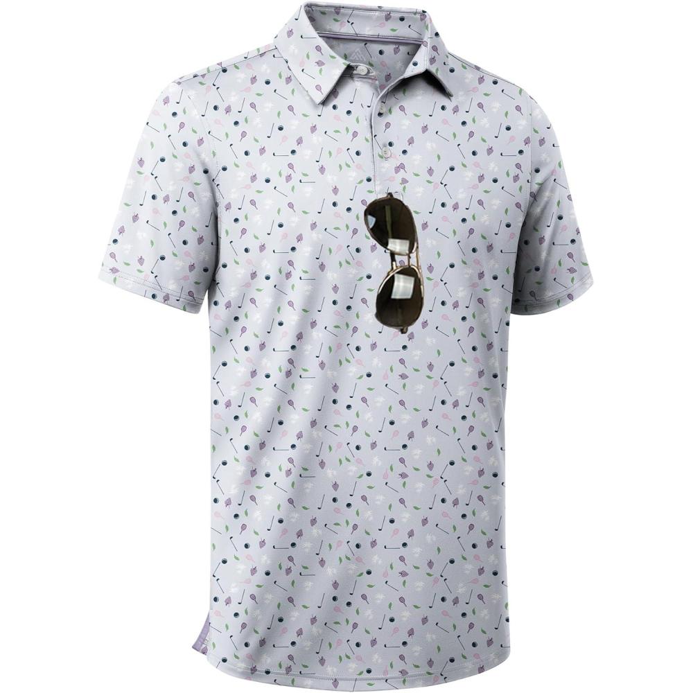 imageZITY Mens Golf Shirts Short Sleeve Moisture Wicking Performance Print Patterns Casual Collared Golf Polo Shirt for MenLight Purple Strawberry