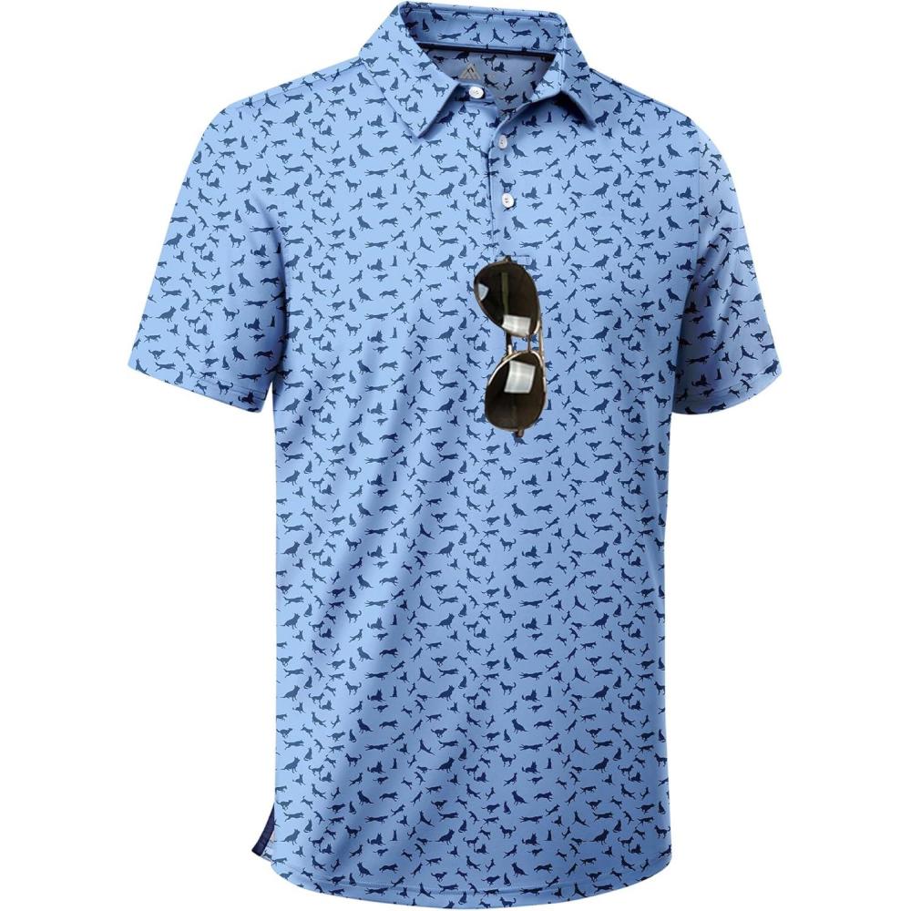 imageZITY Mens Golf Shirts Short Sleeve Moisture Wicking Performance Print Patterns Casual Collared Golf Polo Shirt for MenMoon Blue Dinosaur