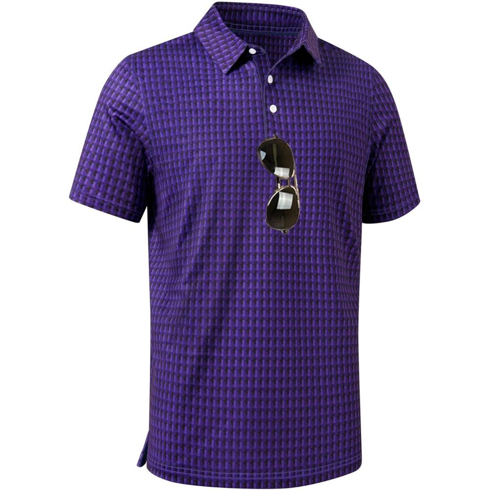 imageZITY Mens Golf Shirts Short Sleeve Moisture Wicking Performance Print Patterns Casual Collared Golf Polo Shirt for MenPurple Block