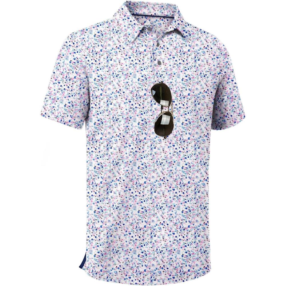 imageZITY Mens Golf Shirts Short Sleeve Moisture Wicking Performance Print Patterns Casual Collared Golf Polo Shirt for MenWhite Colorful Dots