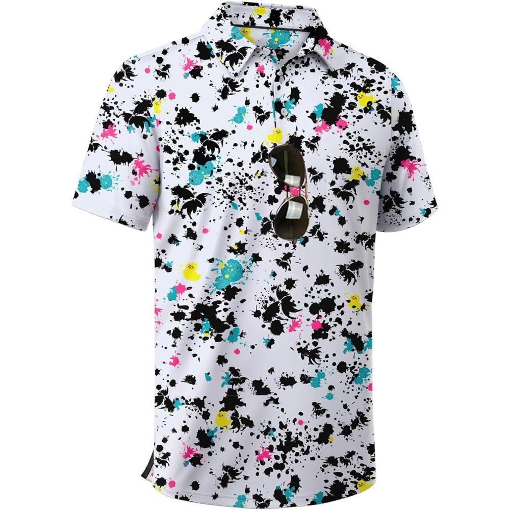 imageZITY Mens Golf Shirts Short Sleeve Moisture Wicking Performance Print Patterns Casual Collared Golf Polo Shirt for MenWhite Painting
