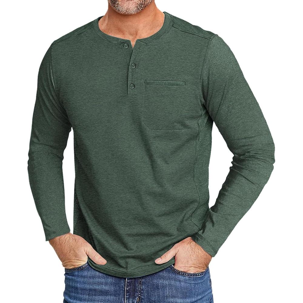 imageZITY Mens Henley Shirt Long Sleeve with Pocket Classic Casual Shirt for Men Fashion Pullover Tee Shirts01army Green