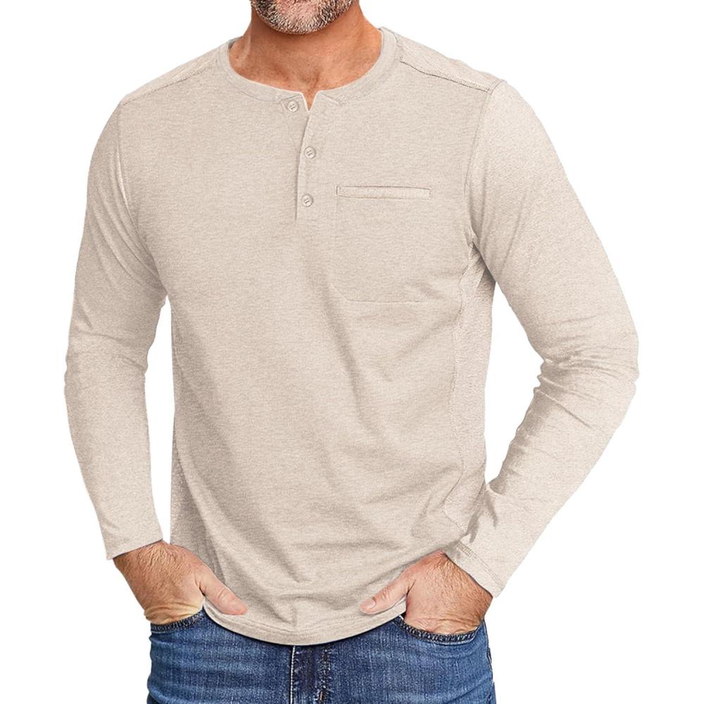 imageZITY Mens Henley Shirt Long Sleeve with Pocket Classic Casual Shirt for Men Fashion Pullover Tee Shirts01beige