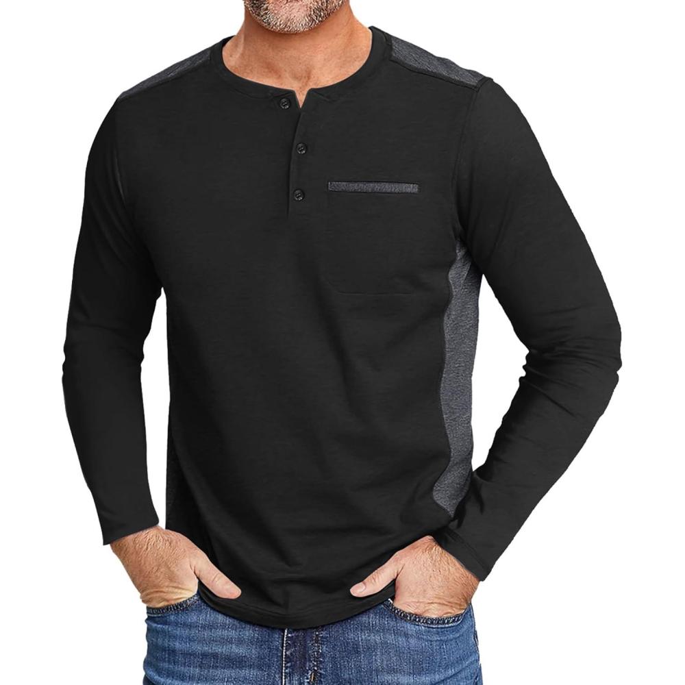 imageZITY Mens Henley Shirt Long Sleeve with Pocket Classic Casual Shirt for Men Fashion Pullover Tee Shirts01black