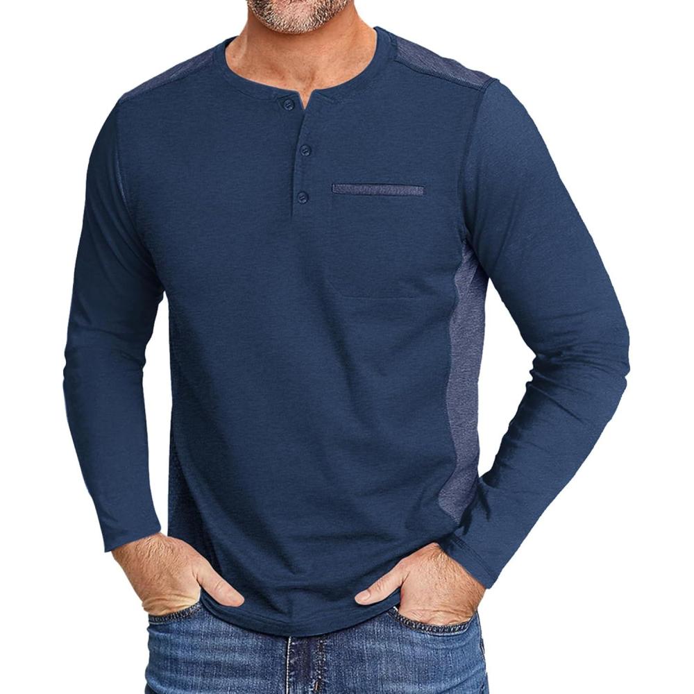 imageZITY Mens Henley Shirt Long Sleeve with Pocket Classic Casual Shirt for Men Fashion Pullover Tee Shirts01dark Blue