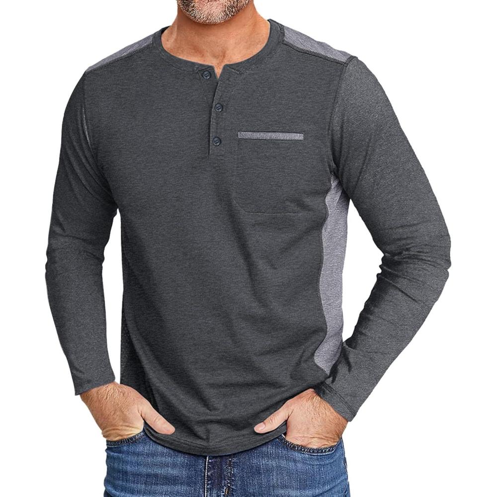 imageZITY Mens Henley Shirt Long Sleeve with Pocket Classic Casual Shirt for Men Fashion Pullover Tee Shirts01dark Grey