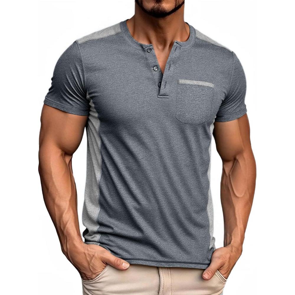 imageZITY Mens Henley Shirts Short Sleeve Pocket Shirts for Man Casual Summer Shirts with 3 Buttons1dark Grey