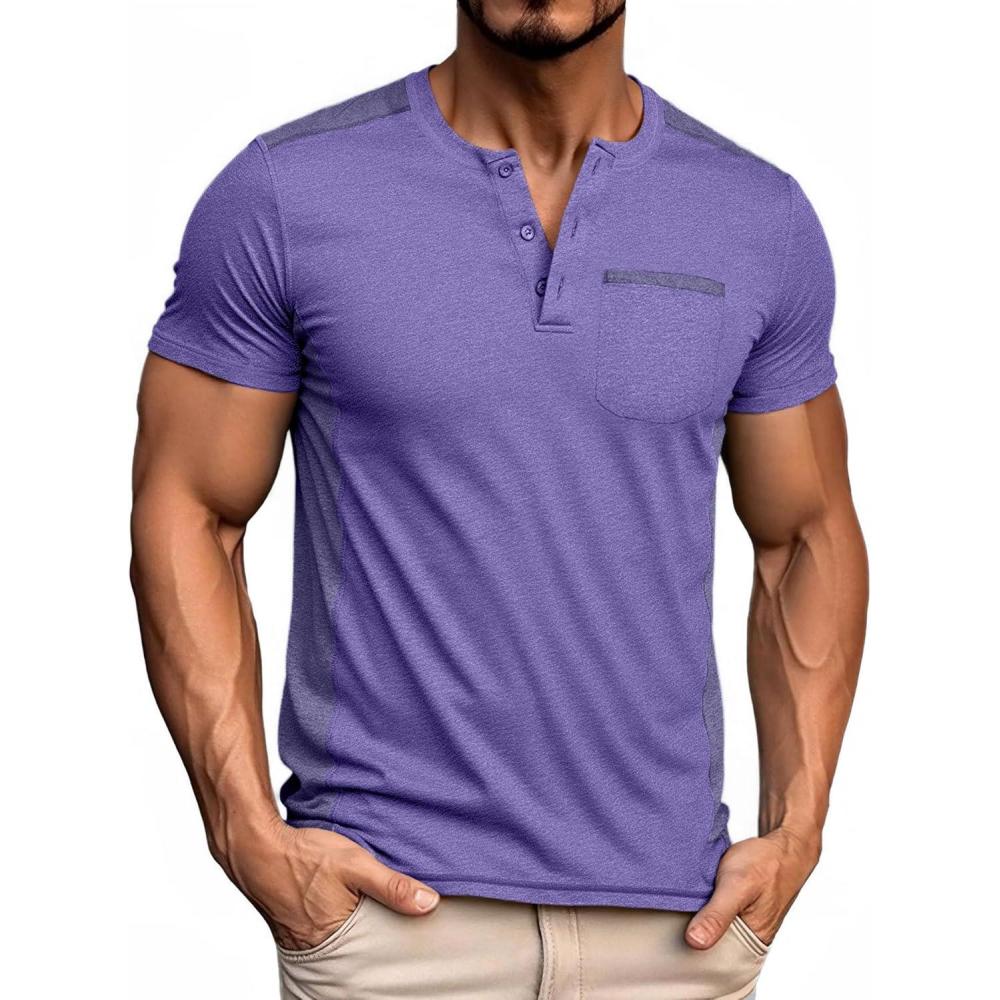 imageZITY Mens Henley Shirts Short Sleeve Pocket Shirts for Man Casual Summer Shirts with 3 Buttons1purple