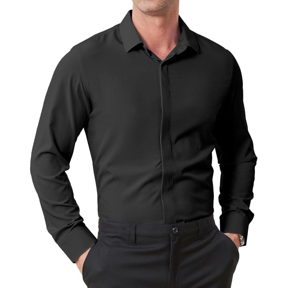 imageZITY Mens Hidden Placket Dress Shirts Long Sleeve Button Down Shirt Business Casual ShirtsBlack