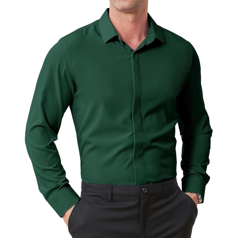 imageZITY Mens Hidden Placket Dress Shirts Long Sleeve Button Down Shirt Business Casual ShirtsDark Green
