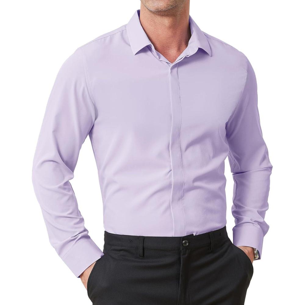 imageZITY Mens Hidden Placket Dress Shirts Long Sleeve Button Down Shirt Business Casual ShirtsLavender