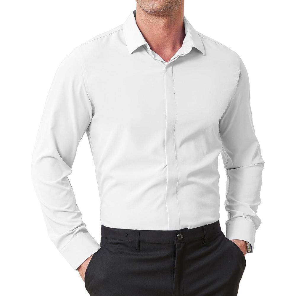 imageZITY Mens Hidden Placket Dress Shirts Long Sleeve Button Down Shirt Business Casual ShirtsWhite
