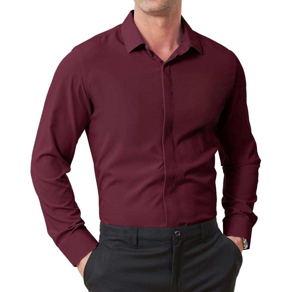 imageZITY Mens Hidden Placket Dress Shirts Long Sleeve Button Down Shirt Business Casual ShirtsWine Red