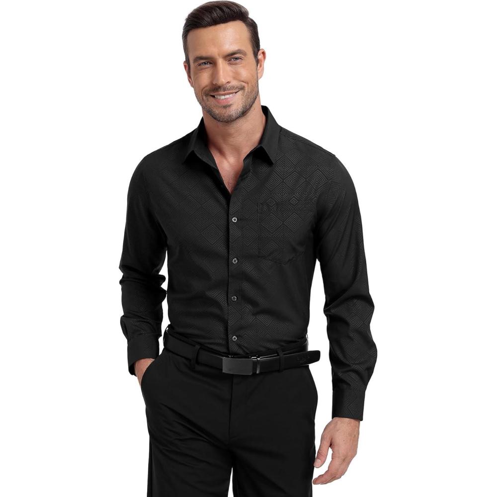 imageZITY Mens Long Sleeve Button Down Shirt Jacquard Dress Shirts Casual Paisley Shirt for Wedding PartyBlack