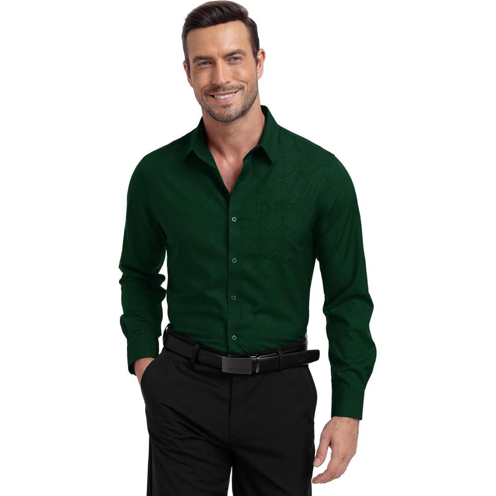 imageZITY Mens Long Sleeve Button Down Shirt Jacquard Dress Shirts Casual Paisley Shirt for Wedding PartyDark Green