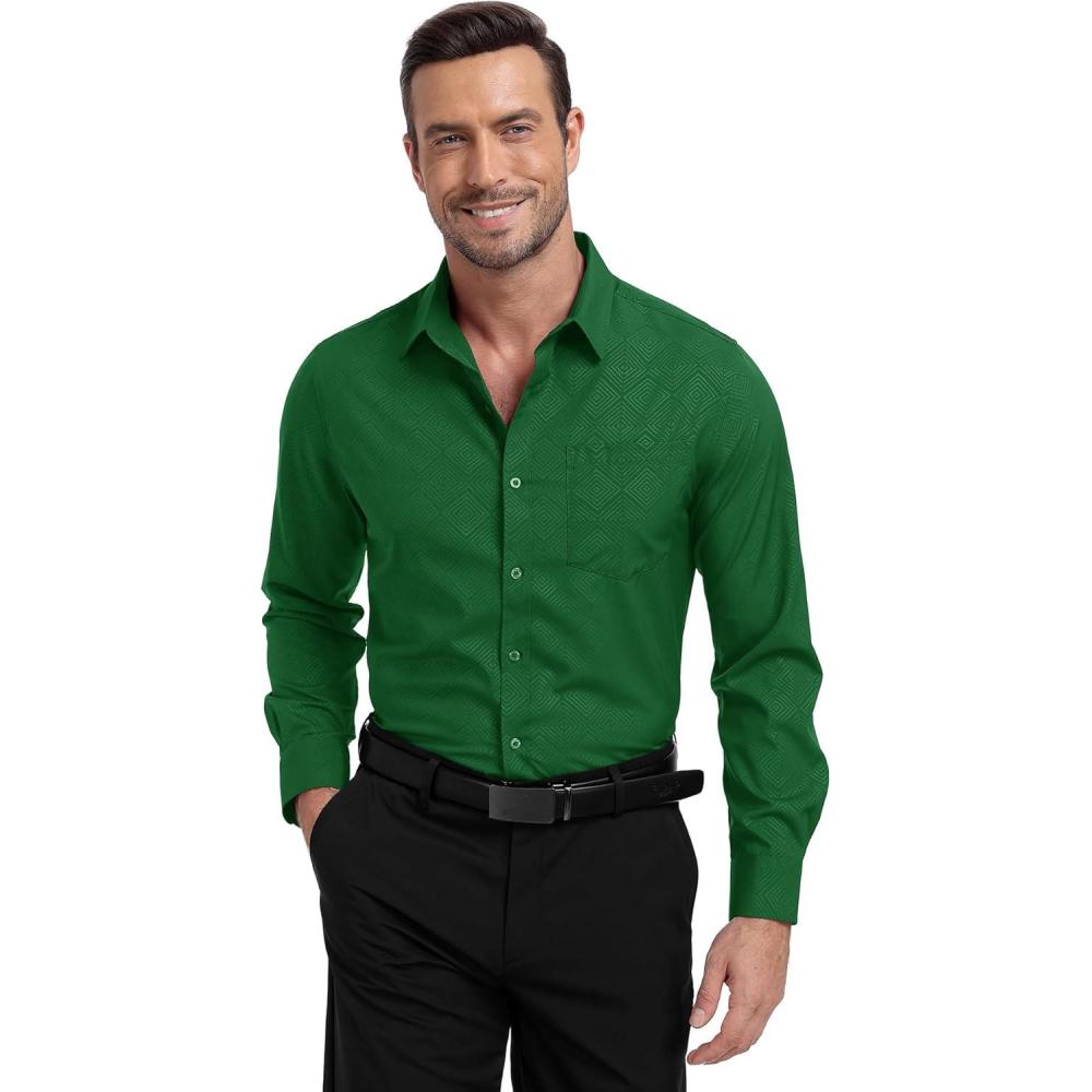 imageZITY Mens Long Sleeve Button Down Shirt Jacquard Dress Shirts Casual Paisley Shirt for Wedding PartyGreen