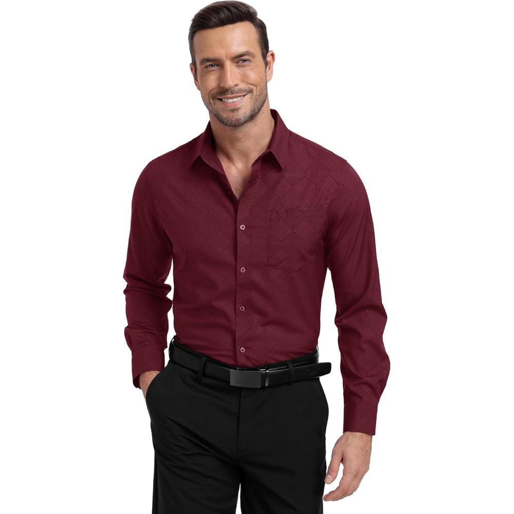 imageZITY Mens Long Sleeve Button Down Shirt Jacquard Dress Shirts Casual Paisley Shirt for Wedding PartyWine Red