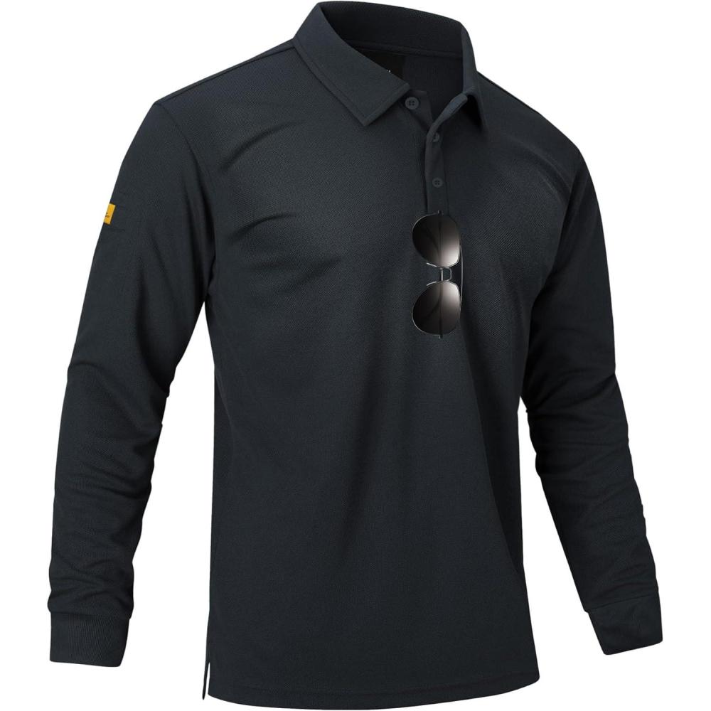 imageZITY Mens Polo Shirts Button Down Lightweight Moisture Wicking Long Sleeve Tactical Golf Performance Casual Shirts Work TeeDeep Gray