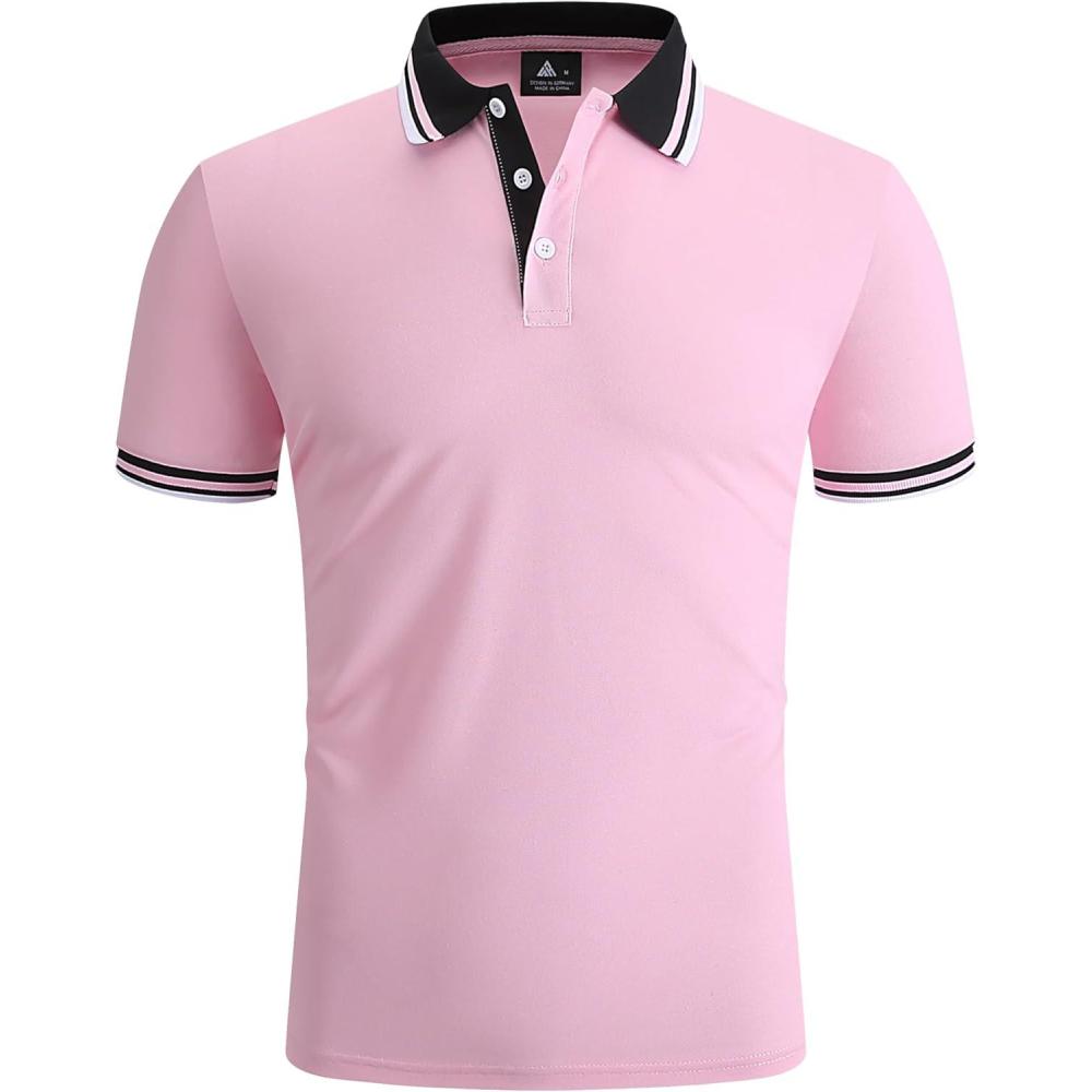 imageZITY Mens Polo Shirts Casual Classic Short Sleeve Contrast Collar Polo T Shirts Moisture Wicking Golf ShirtPink