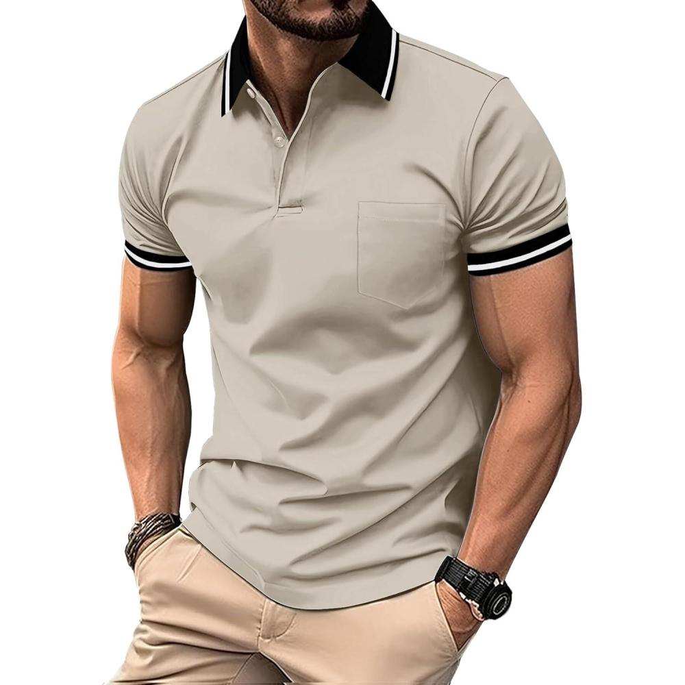 imageZITY Mens Polo Shirts Casual Short Sleeve Athletic TShirts Classic Contrast Collar Shirt with PocketBeige Yellow