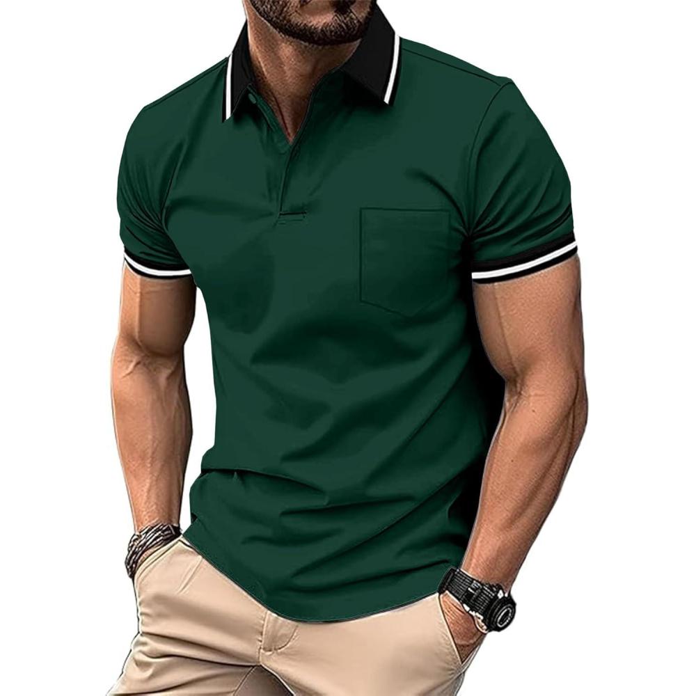 imageZITY Mens Polo Shirts Casual Short Sleeve Athletic TShirts Classic Contrast Collar Shirt with PocketForest Green