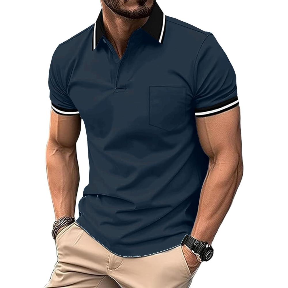 imageZITY Mens Polo Shirts Casual Short Sleeve Athletic TShirts Classic Contrast Collar Shirt with PocketNavy