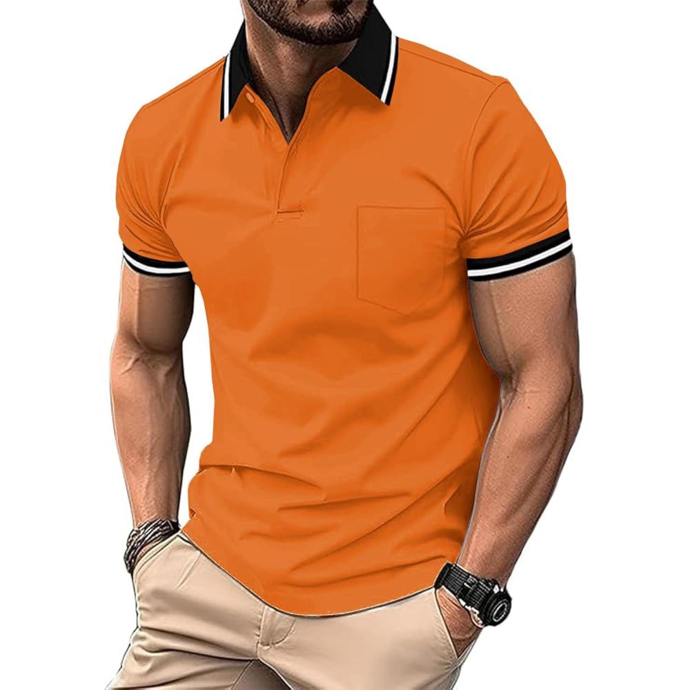 imageZITY Mens Polo Shirts Casual Short Sleeve Athletic TShirts Classic Contrast Collar Shirt with PocketOrange
