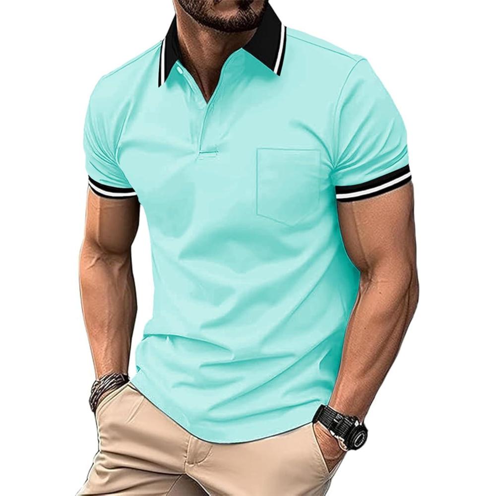 imageZITY Mens Polo Shirts Casual Short Sleeve Athletic TShirts Classic Contrast Collar Shirt with PocketTurquoise