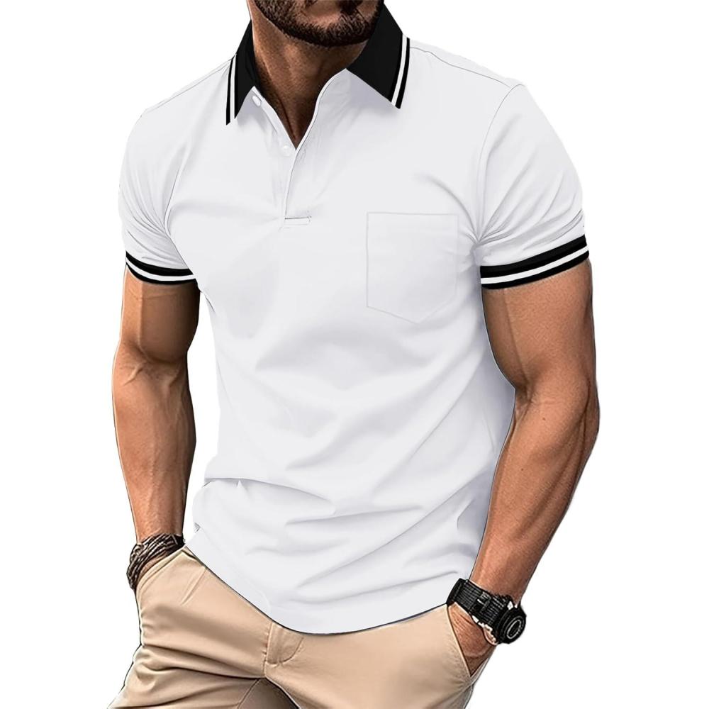 imageZITY Mens Polo Shirts Casual Short Sleeve Athletic TShirts Classic Contrast Collar Shirt with PocketWhite