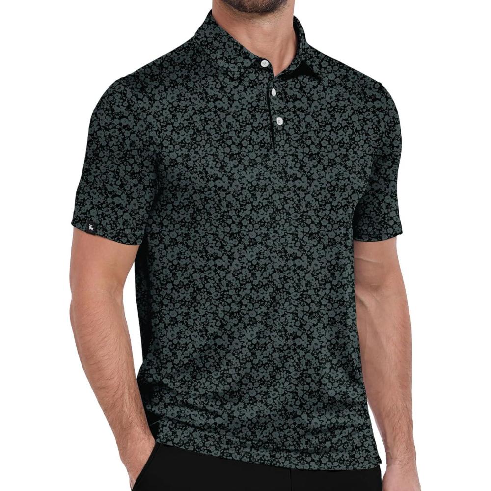 imageZITY Mens Print Polo Shirts Short Sleeve Moisture Wicking Shirts for Men Golf Tennis Daily Casual Collared TShirtBlack Flower