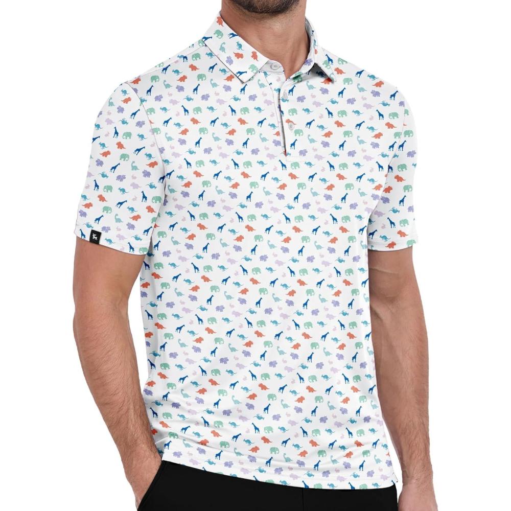 imageZITY Mens Print Polo Shirts Short Sleeve Moisture Wicking Shirts for Men Golf Tennis Daily Casual Collared TShirtColorful Dinosaurs