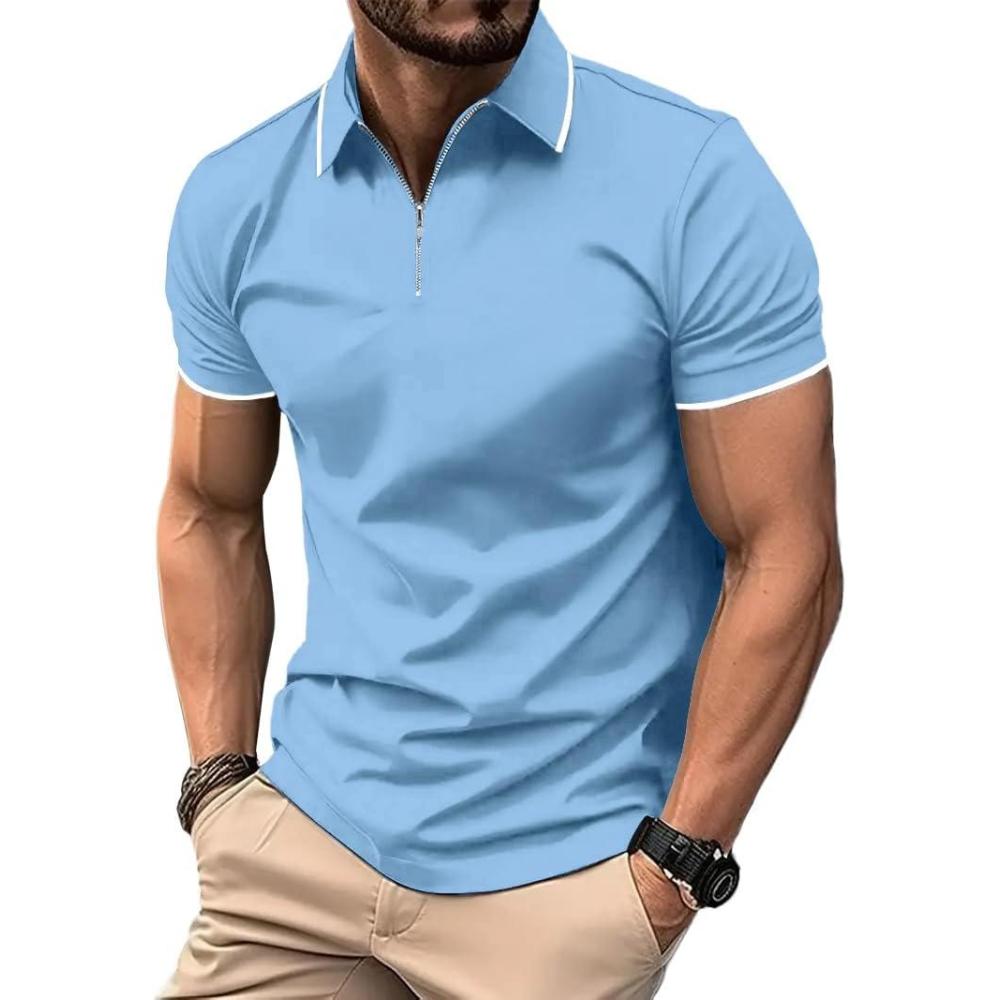 imageZITY Mens Quarter Zip Polo Shirts Casual Classic Short Sleeve Contrast Collar Polo T ShirtsSky Blue