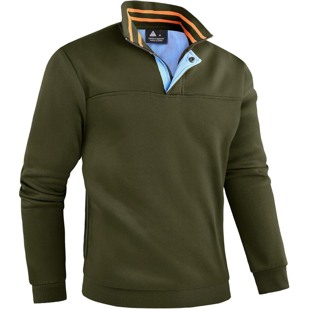 imageZITY Mens Quarter Zip Pullover Fleece Lined Long Sleeve Casual Sweatshirts with Side PocketsArmy Green