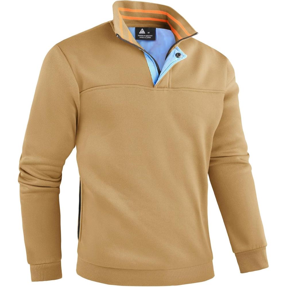 imageZITY Mens Quarter Zip Pullover Fleece Lined Long Sleeve Casual Sweatshirts with Side PocketsKhaki