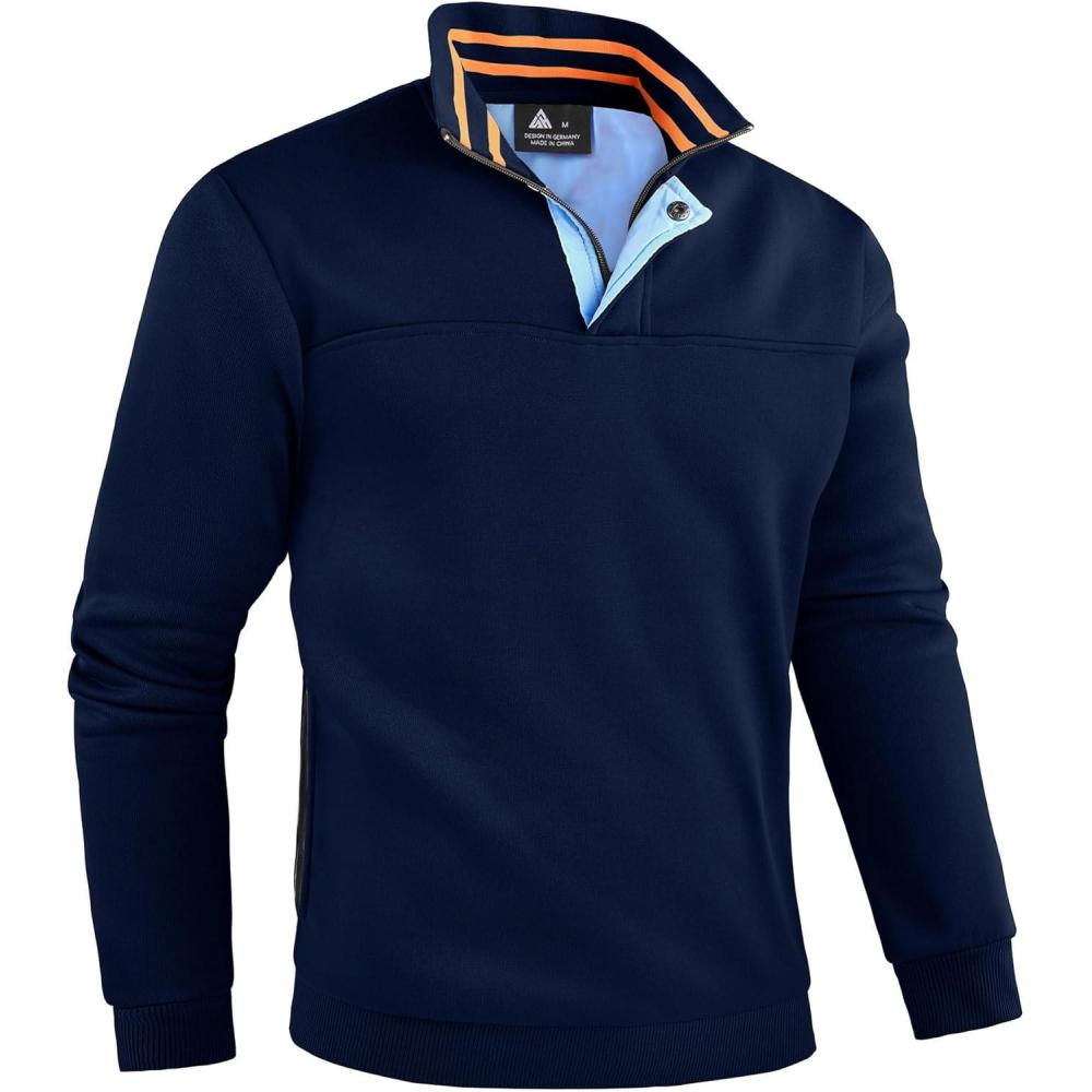 imageZITY Mens Quarter Zip Pullover Fleece Lined Long Sleeve Casual Sweatshirts with Side PocketsNavy