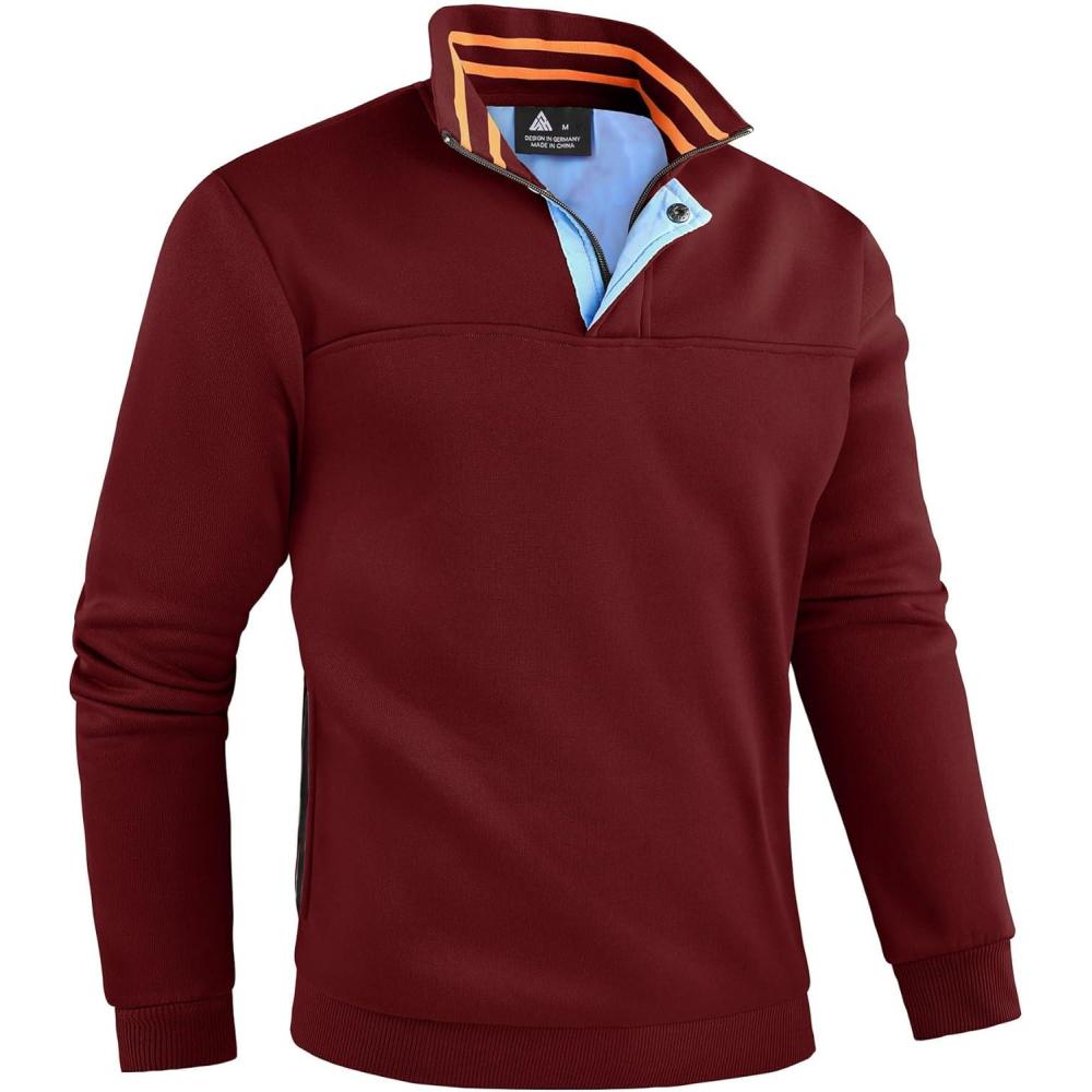 imageZITY Mens Quarter Zip Pullover Fleece Lined Long Sleeve Casual Sweatshirts with Side PocketsWine Red
