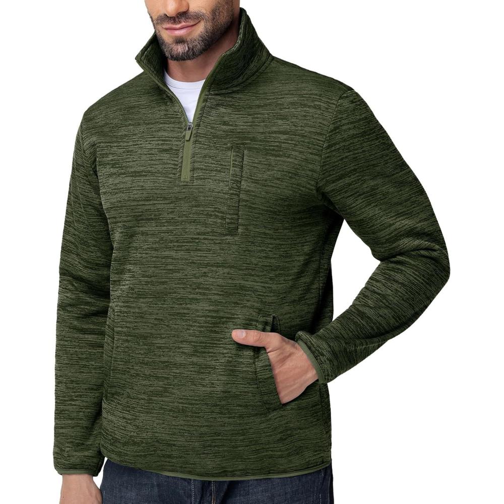imageZITY Mens Quarter Zip Pullover Mock Neck Fleece Lined Thermal Sweatshirt with Pocket Polo SweatersArmy Green