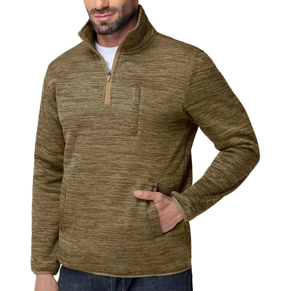 imageZITY Mens Quarter Zip Pullover Mock Neck Fleece Lined Thermal Sweatshirt with Pocket Polo SweatersKhaki