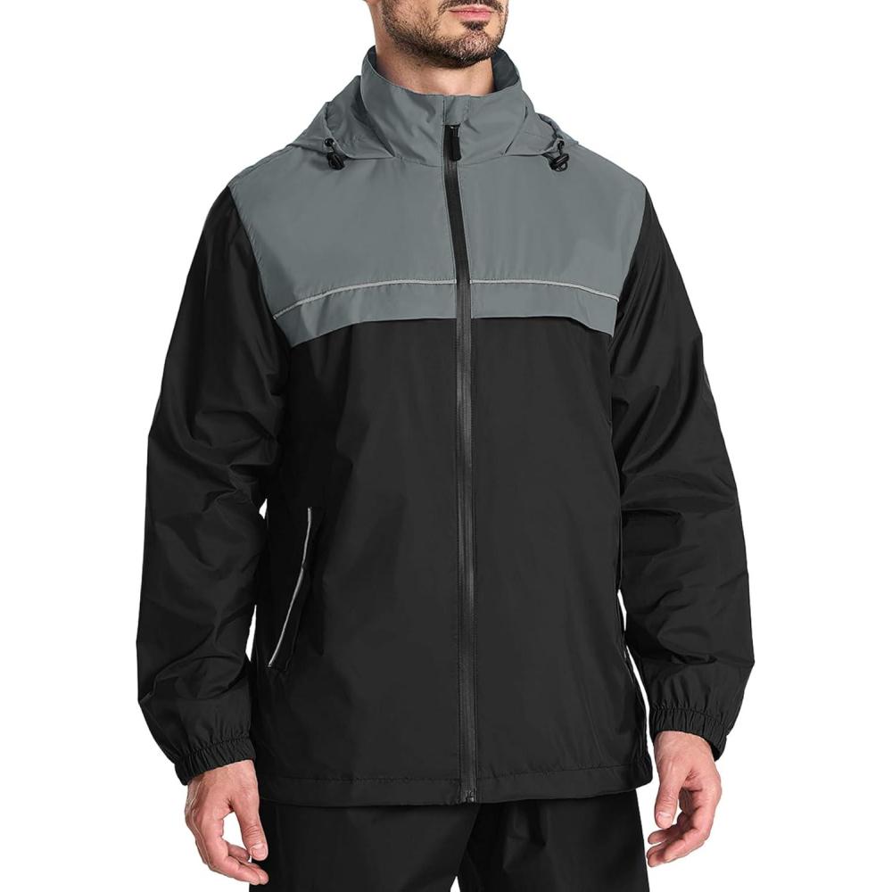 imageZITY Mens Rain Jacket Waterproof with Hood Lightweight Windbreaker Jacket for Men Breathable Mesh Raincoat for Hiking GolfBlackGrey