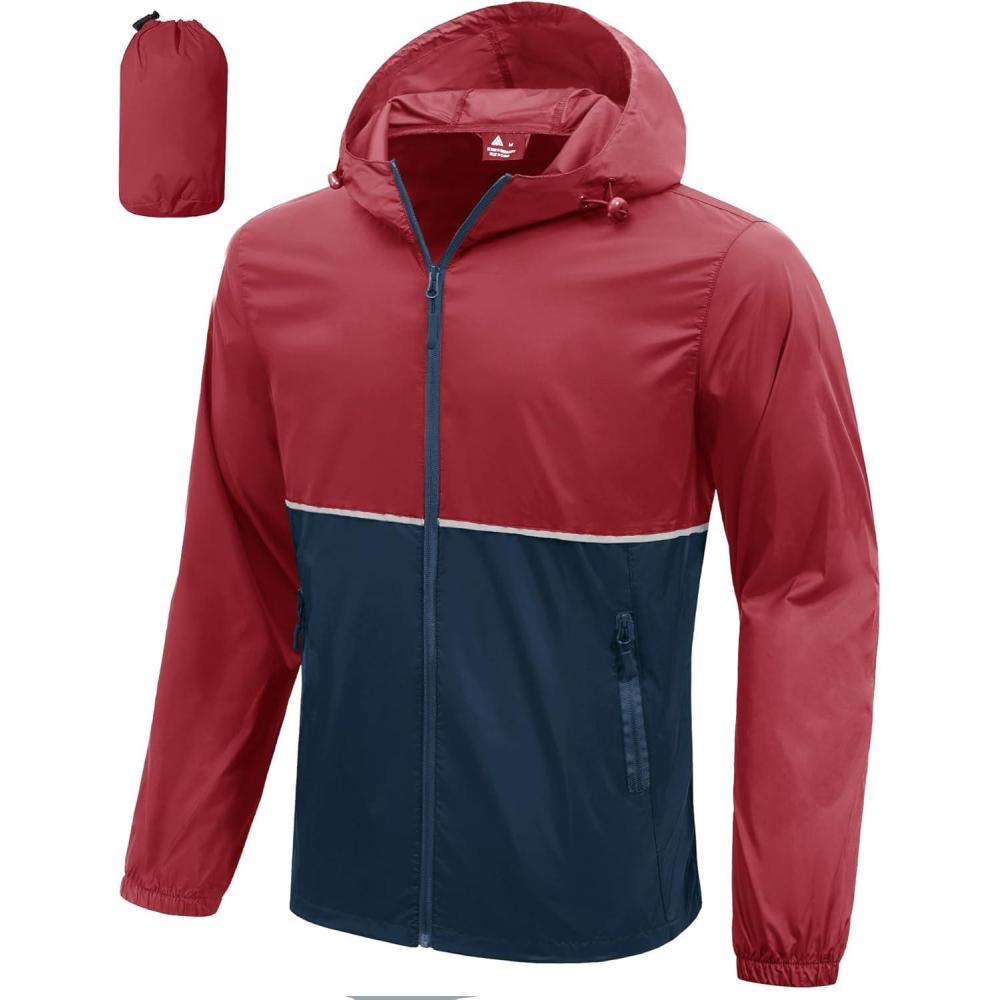 imageZITY Mens Rain Jacket Waterproof with Hood Lightweight Windproof Raincoat for Golf Hiking Camping CyclingBlue Red