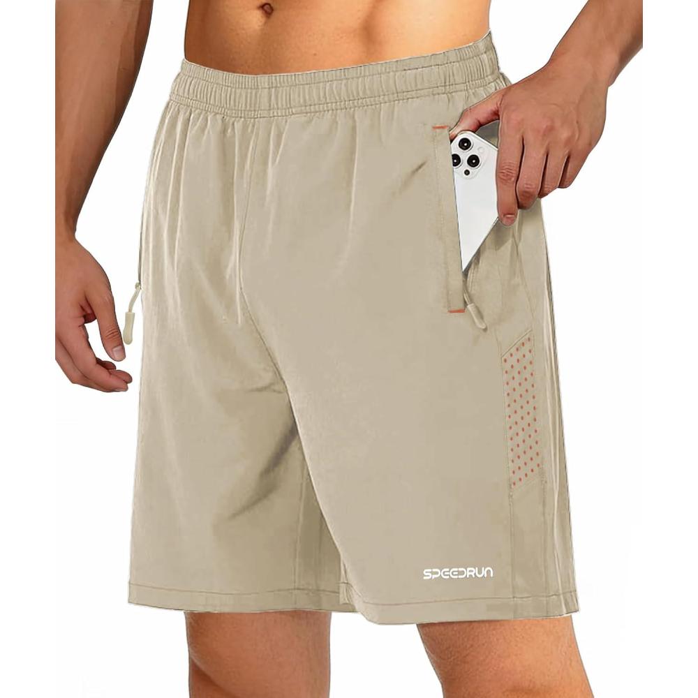 imageZITY Mens Running Athletic Shorts with Zipper Pockets 7 Lightweight Moisture Wicking Sports Gym Basketball Hiking WorkoutKhaki