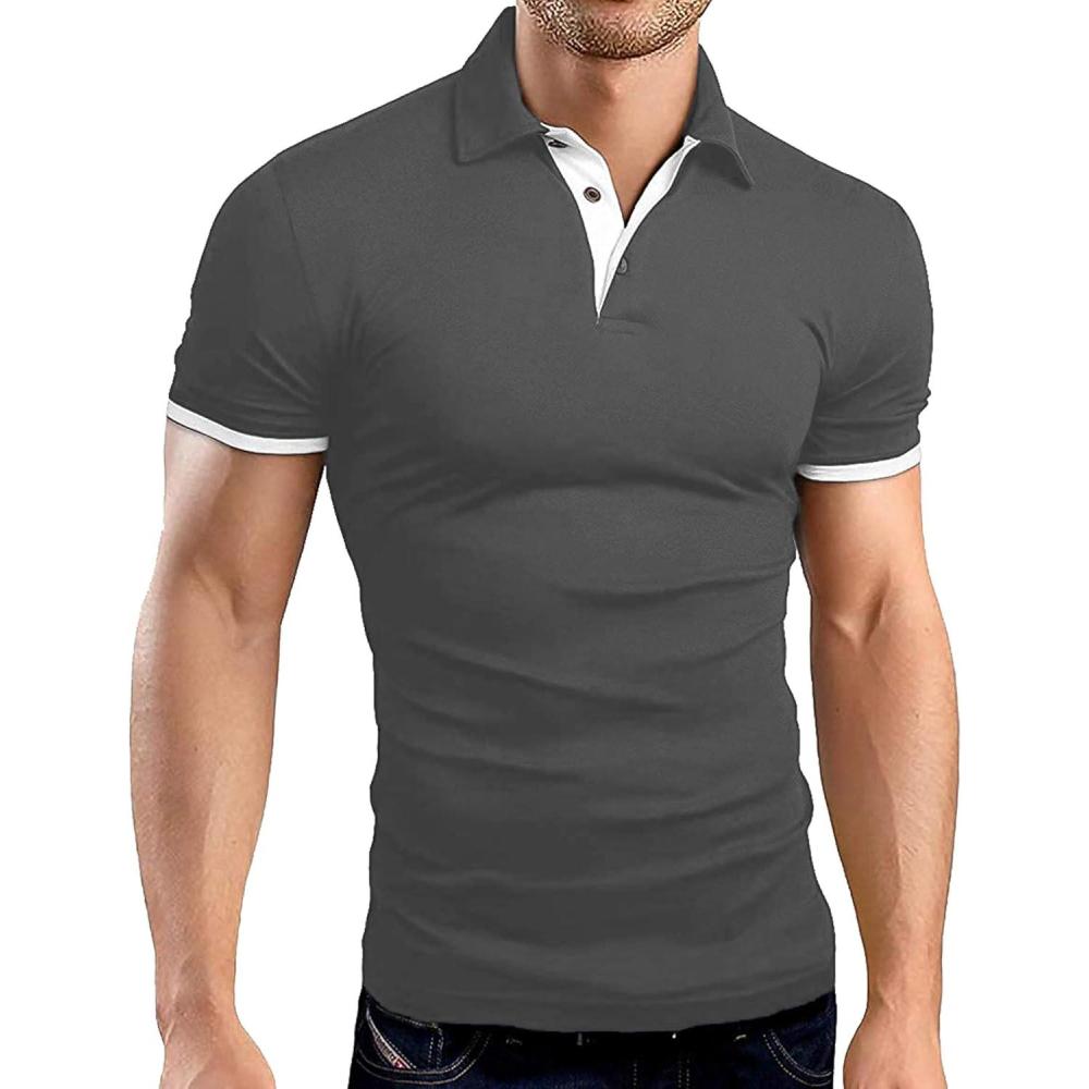 imageZITY Mens Short Sleeve Polo Shirts Collared Golf Shirt Lightweight Casual Button Down ShirtsDark Grey