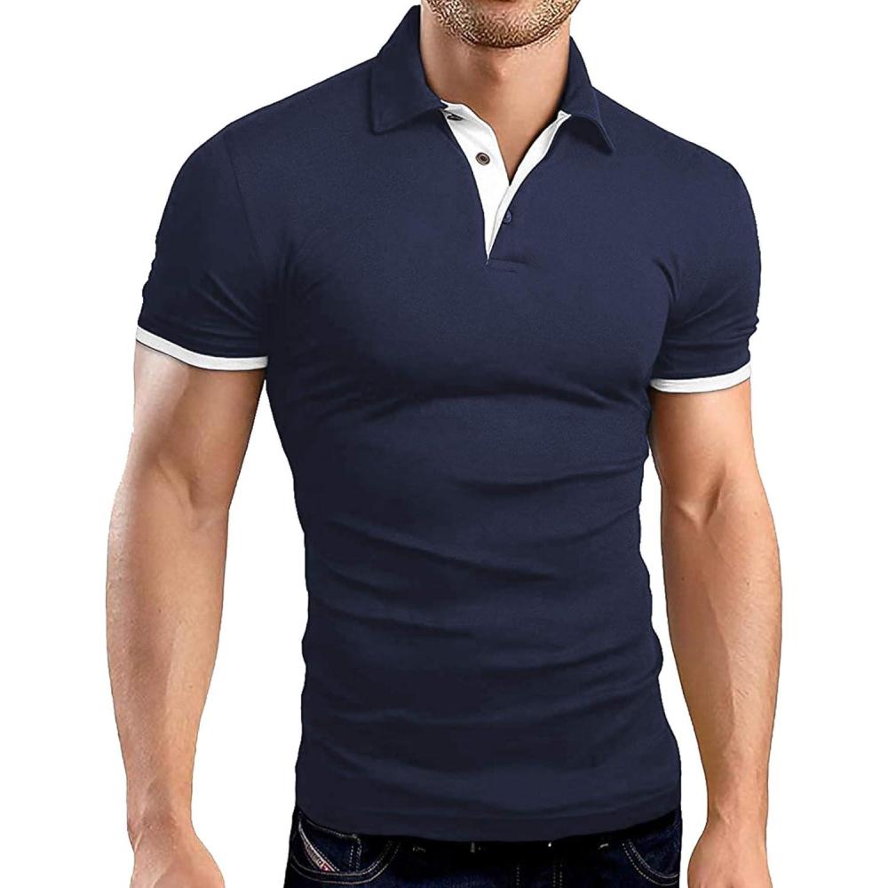 imageZITY Mens Short Sleeve Polo Shirts Collared Golf Shirt Lightweight Casual Button Down ShirtsNavy Blue