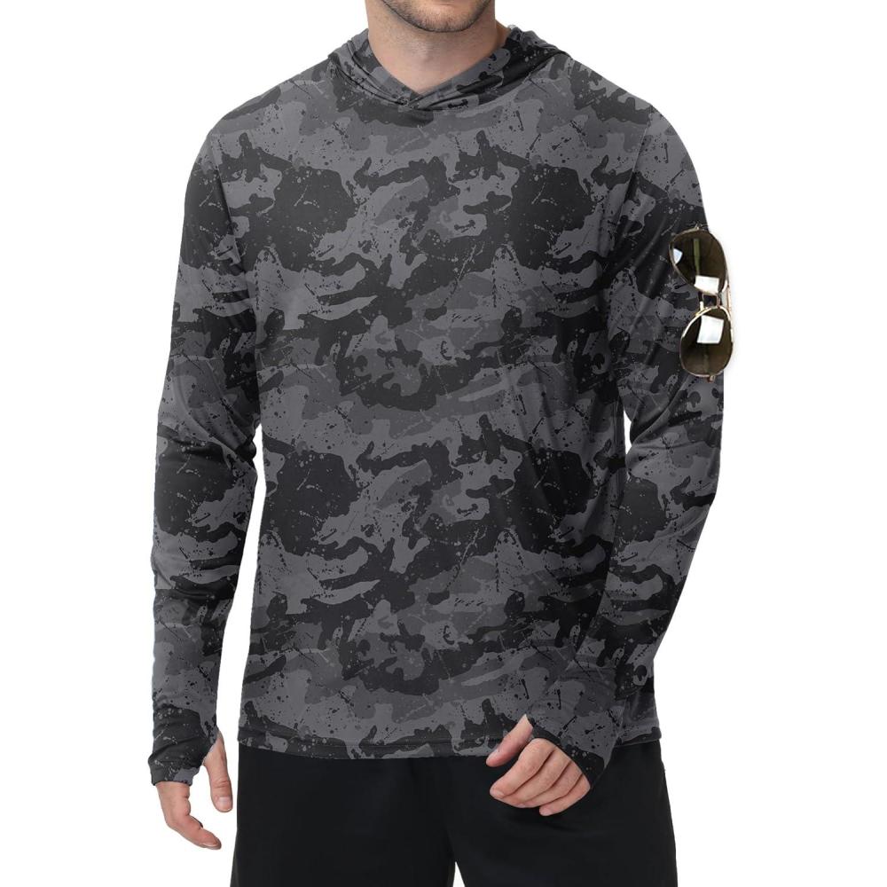 imageZITY Mens Sun Protection Shirts Long Sleeve Rash Guard Hoodie UV UPF 50 Fishing Running Athletic SweatshirtsFull Black Grey