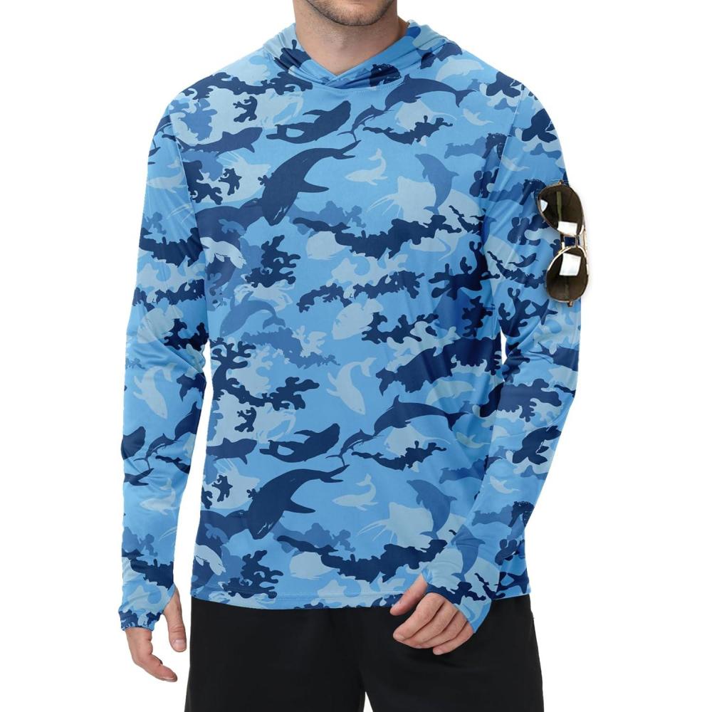imageZITY Mens Sun Protection Shirts Long Sleeve Rash Guard Hoodie UV UPF 50 Fishing Running Athletic SweatshirtsFull Blue Sea