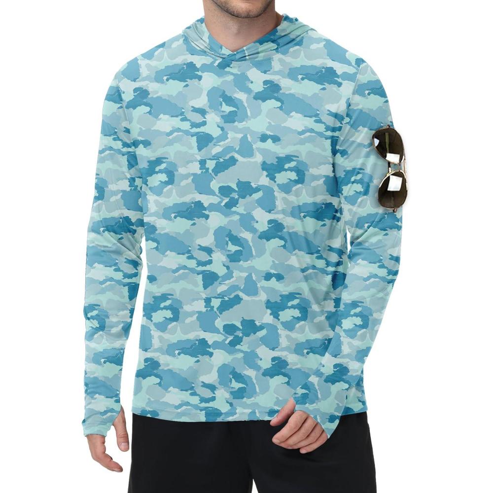 imageZITY Mens Sun Protection Shirts Long Sleeve Rash Guard Hoodie UV UPF 50 Fishing Running Athletic SweatshirtsFull Blue Watercolour